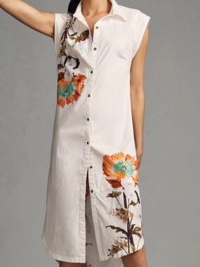 Maeve Anthropologie White button sleeveless dress with orange and teal flowers